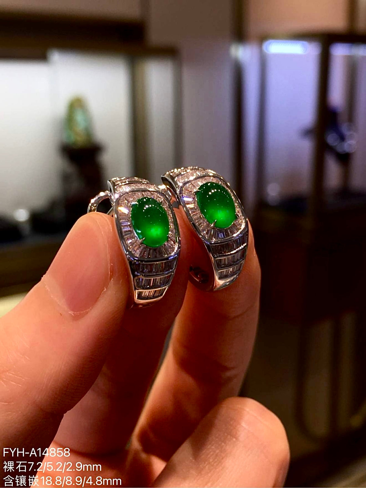 Imperial Green Glass Jadeite Cabochon Earrings with 18K Gold and Diamonds