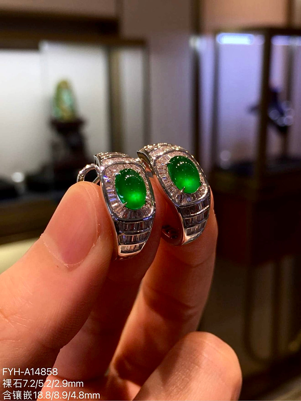 Imperial Green Glass Jadeite Cabochon Earrings with 18K Gold and Diamonds