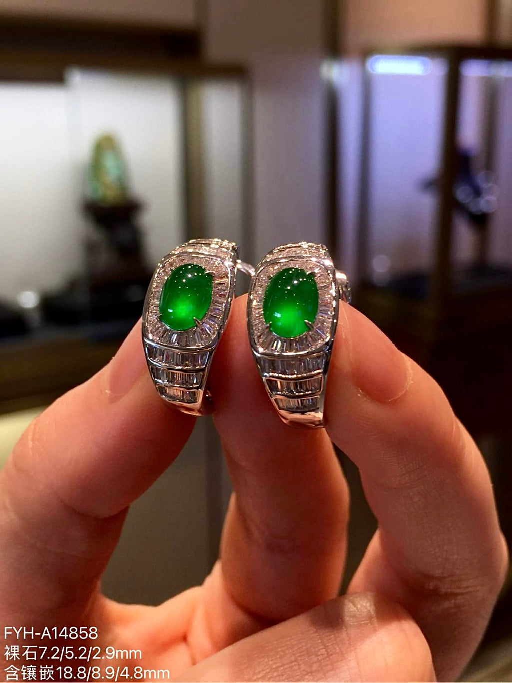 Imperial Green Glass Jadeite Cabochon Earrings with 18K Gold and Diamonds