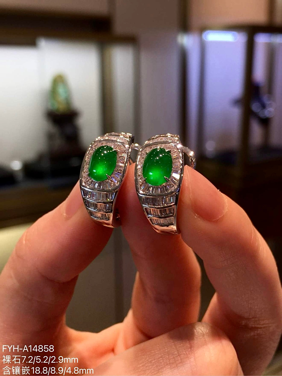 Imperial Green Glass Jadeite Cabochon Earrings with 18K Gold and Diamonds