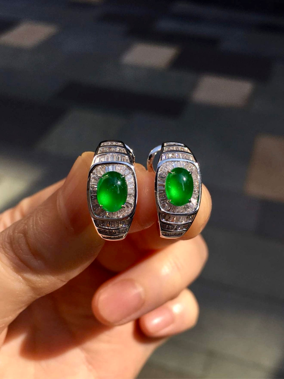 Imperial Green Glass Jadeite Cabochon Earrings with 18K Gold and Diamonds