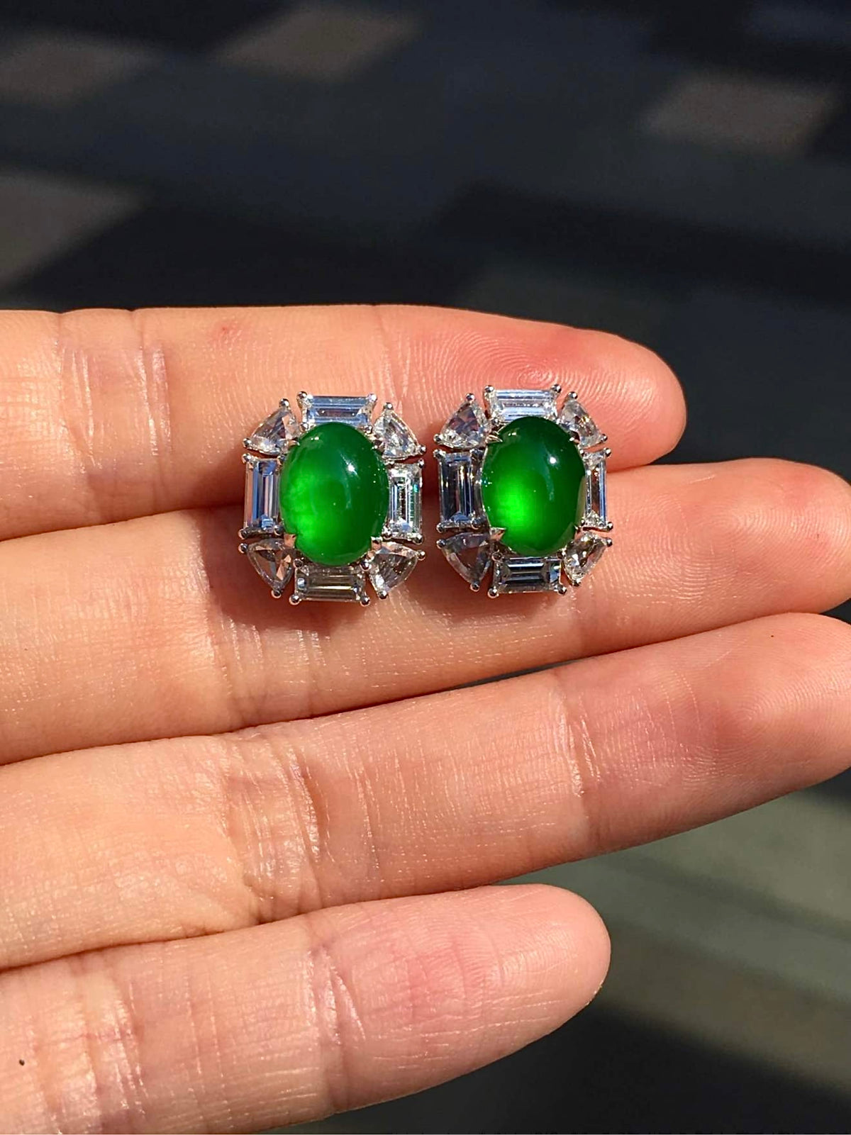 Imperial Green Glass Jadeite Cabochon Stud Earrings with 18K Gold and Diamonds