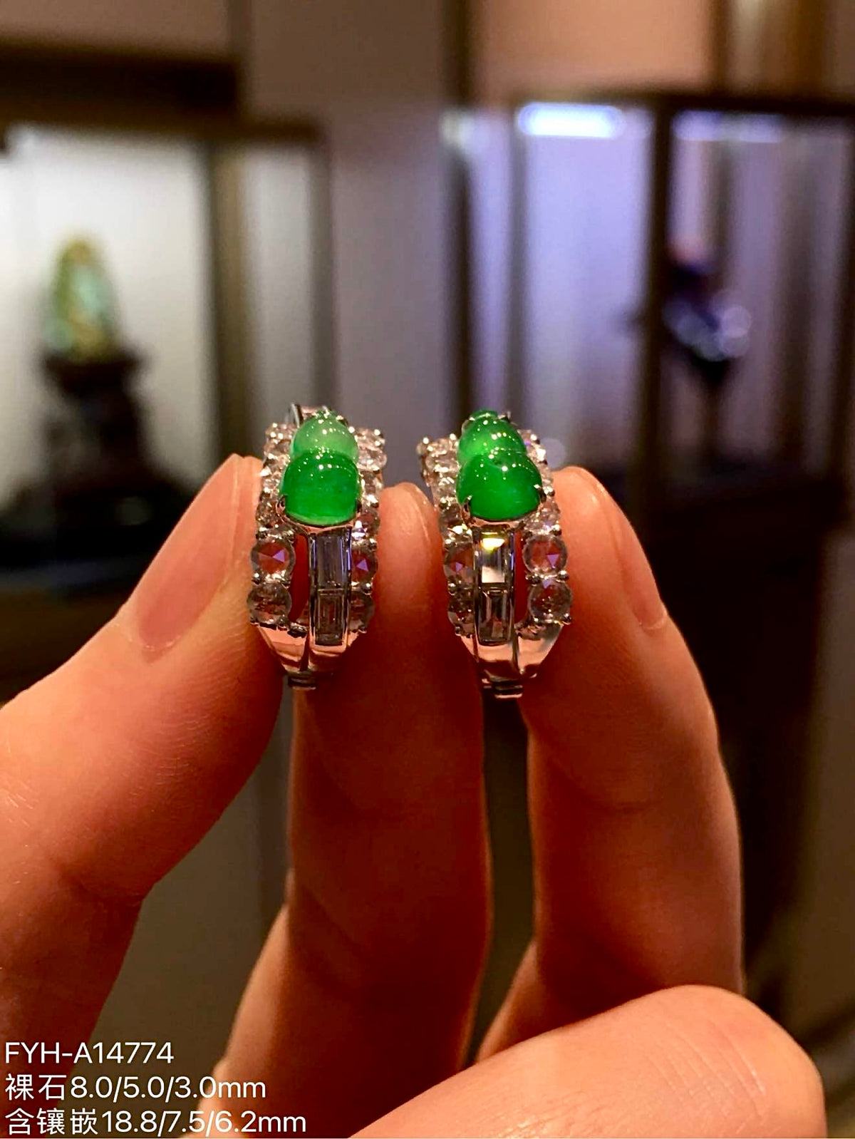High-Icy Vivid Green Jadeite Hulu Earrings with 18K Gold and Diamonds