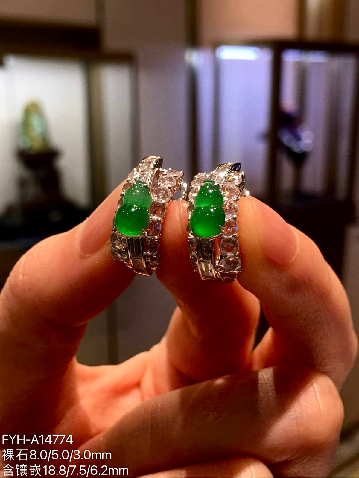 High-Icy Vivid Green Jadeite Hulu Earrings with 18K Gold and Diamonds