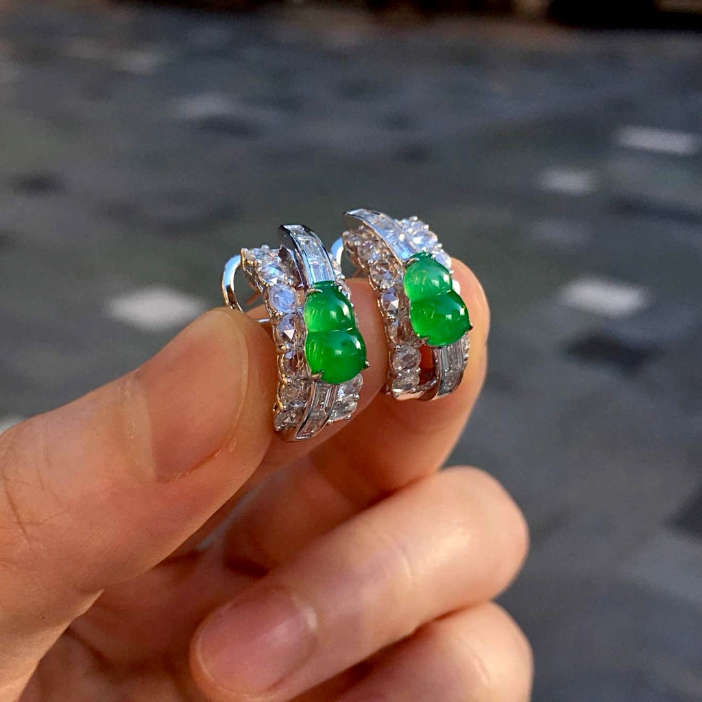 High-Icy Vivid Green Jadeite Hulu Earrings with 18K Gold and Diamonds