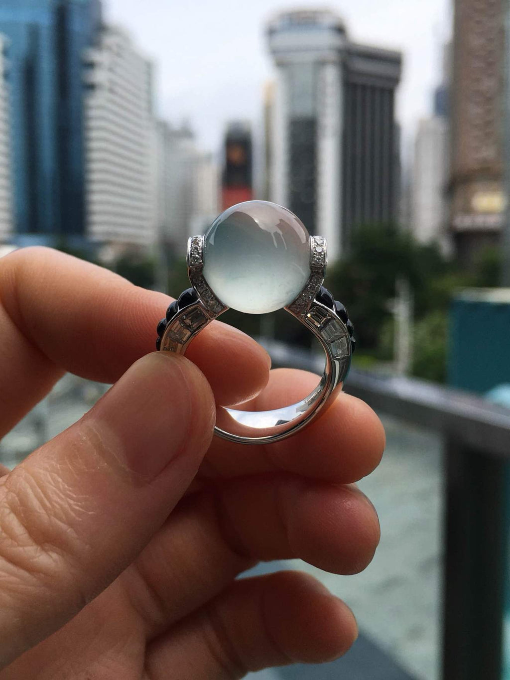 Glass Jadeite Bead Ring with 18K Gold, Diamonds and Black Agate