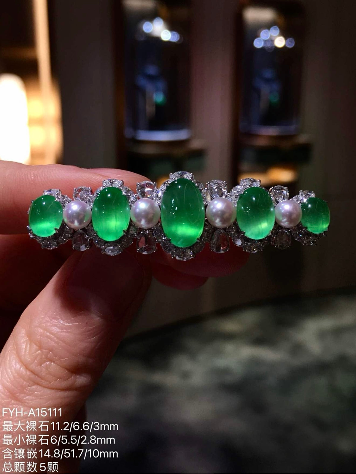 Vivid Green Glass Jadeite Cabochon Hair Clip with 18K Gold, Diamonds and Pearls