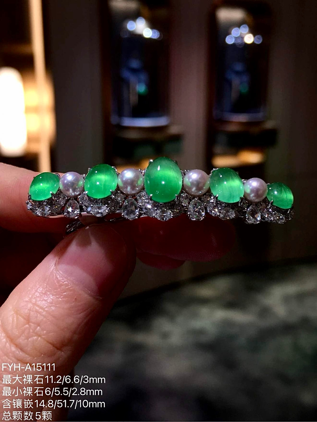Vivid Green Glass Jadeite Cabochon Hair Clip with 18K Gold, Diamonds and Pearls