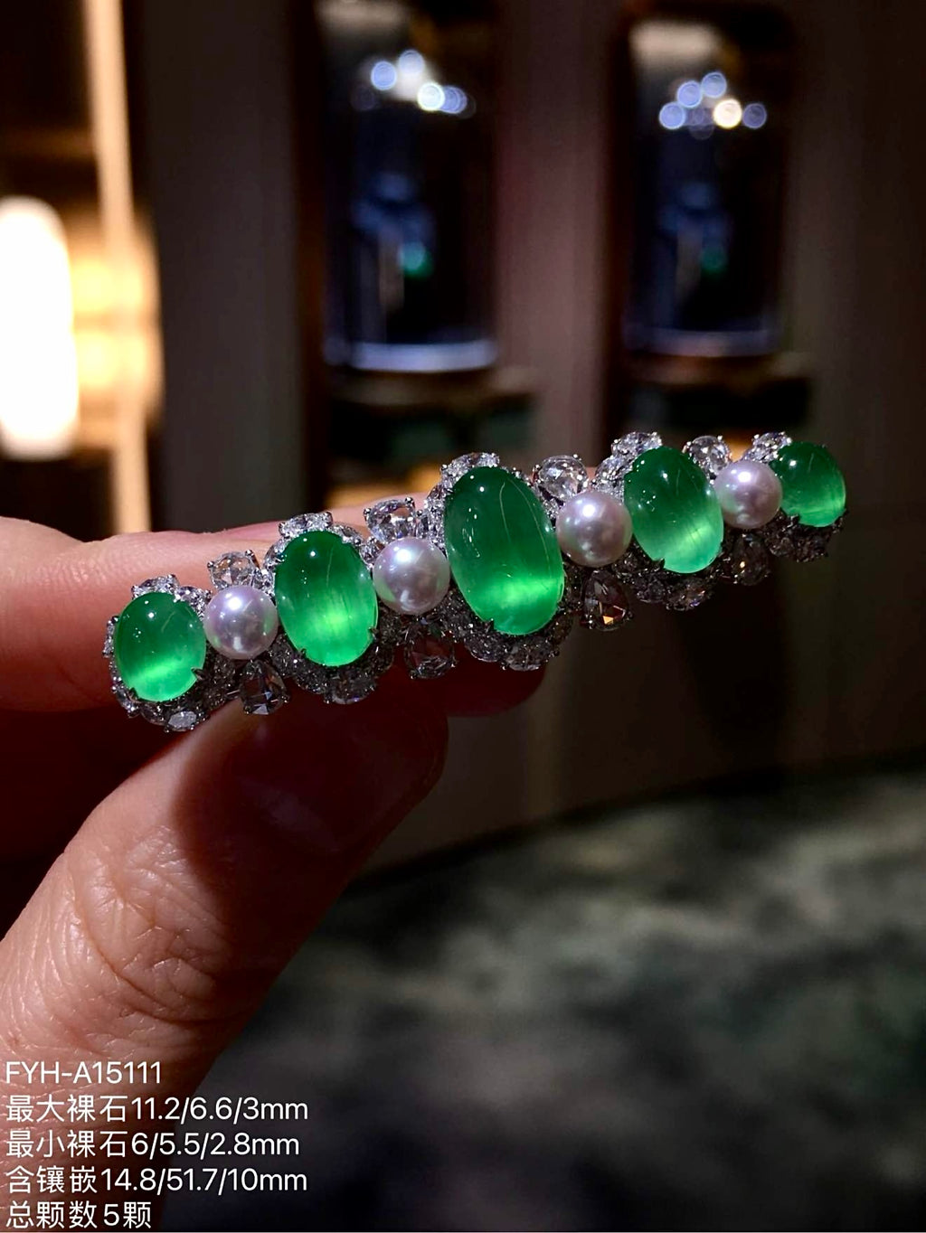 Vivid Green Glass Jadeite Cabochon Hair Clip with 18K Gold, Diamonds and Pearls