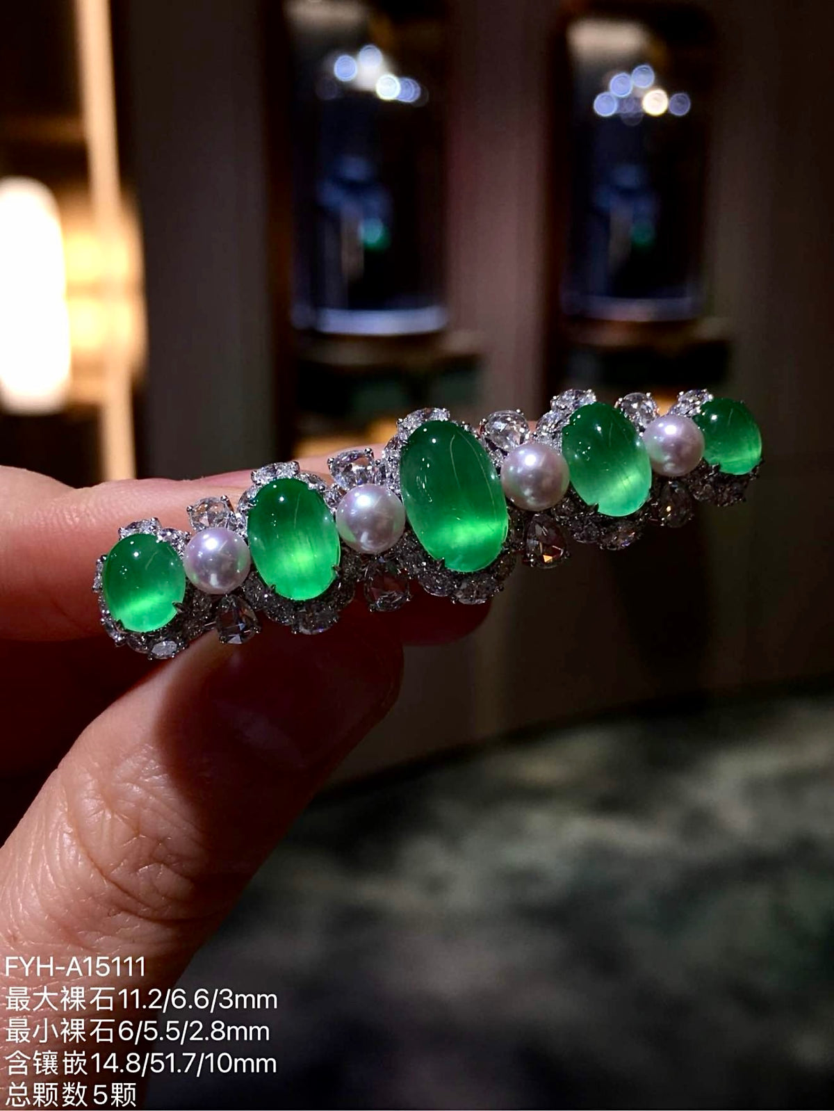 Vivid Green Glass Jadeite Cabochon Hair Clip with 18K Gold, Diamonds and Pearls