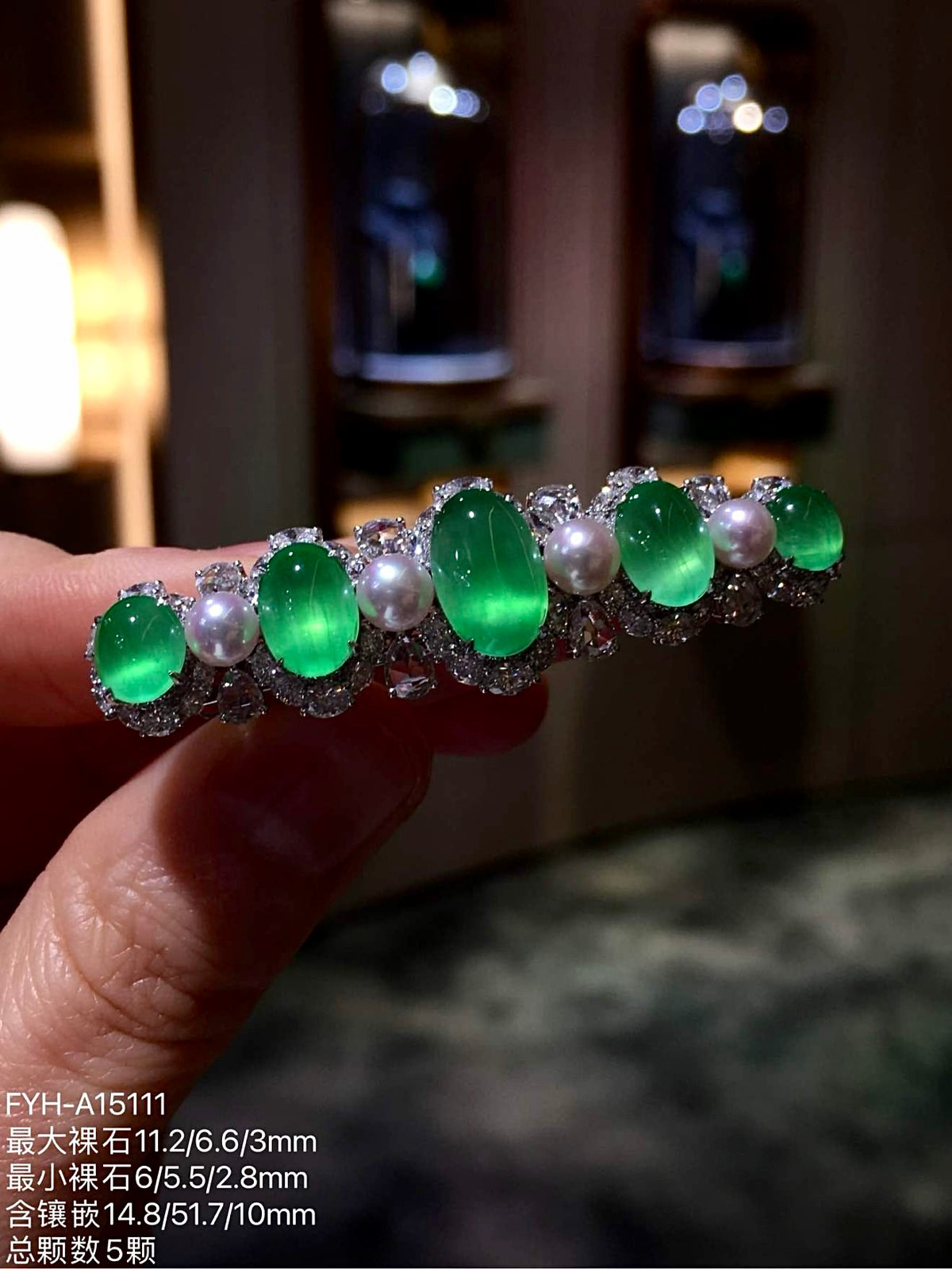 Vivid Green Glass Jadeite Cabochon Hair Clip with 18K Gold, Diamonds and Pearls
