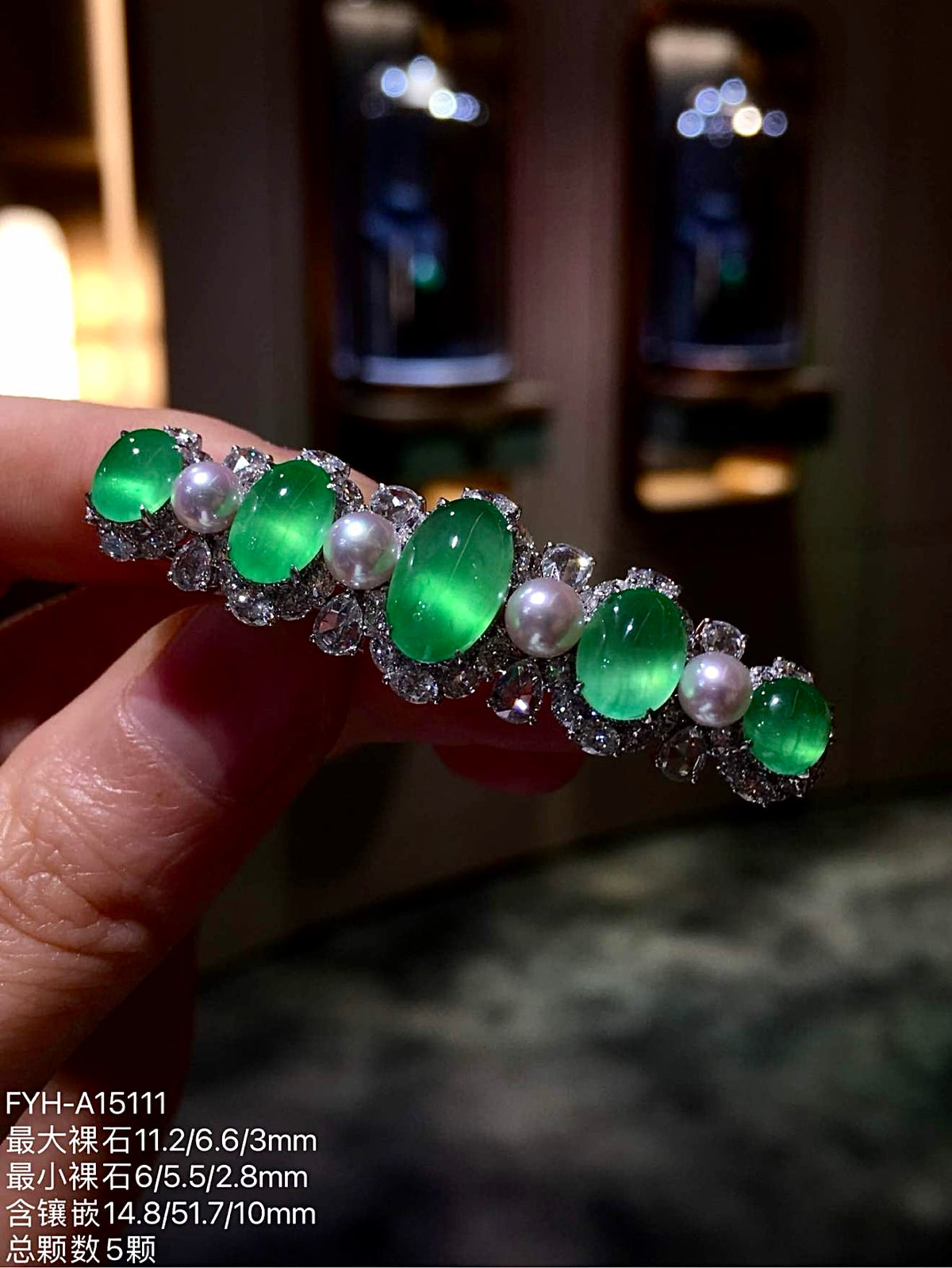 Vivid Green Glass Jadeite Cabochon Hair Clip with 18K Gold, Diamonds and Pearls