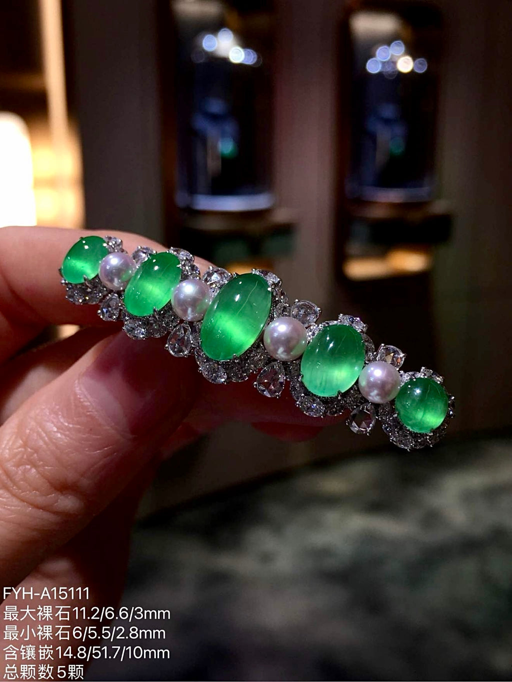 Vivid Green Glass Jadeite Cabochon Hair Clip with 18K Gold, Diamonds and Pearls