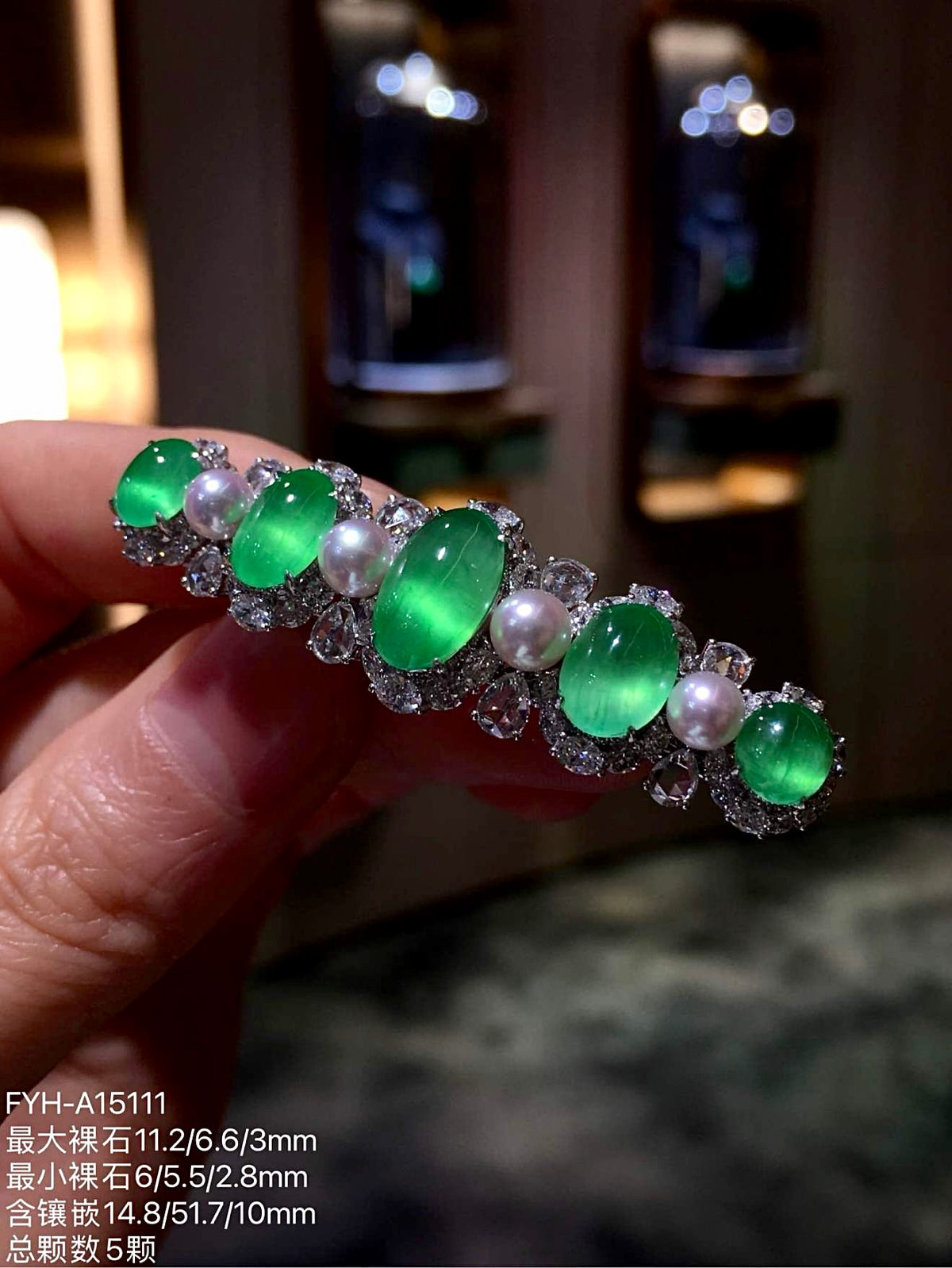 Vivid Green Glass Jadeite Cabochon Hair Clip with 18K Gold, Diamonds and Pearls