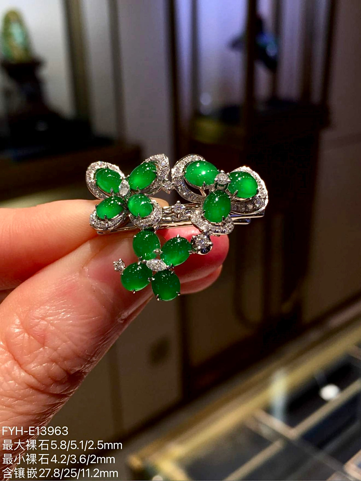 Vivid Green Glass Jadeite Floral Hair Clip with 18K Gold and Diamonds