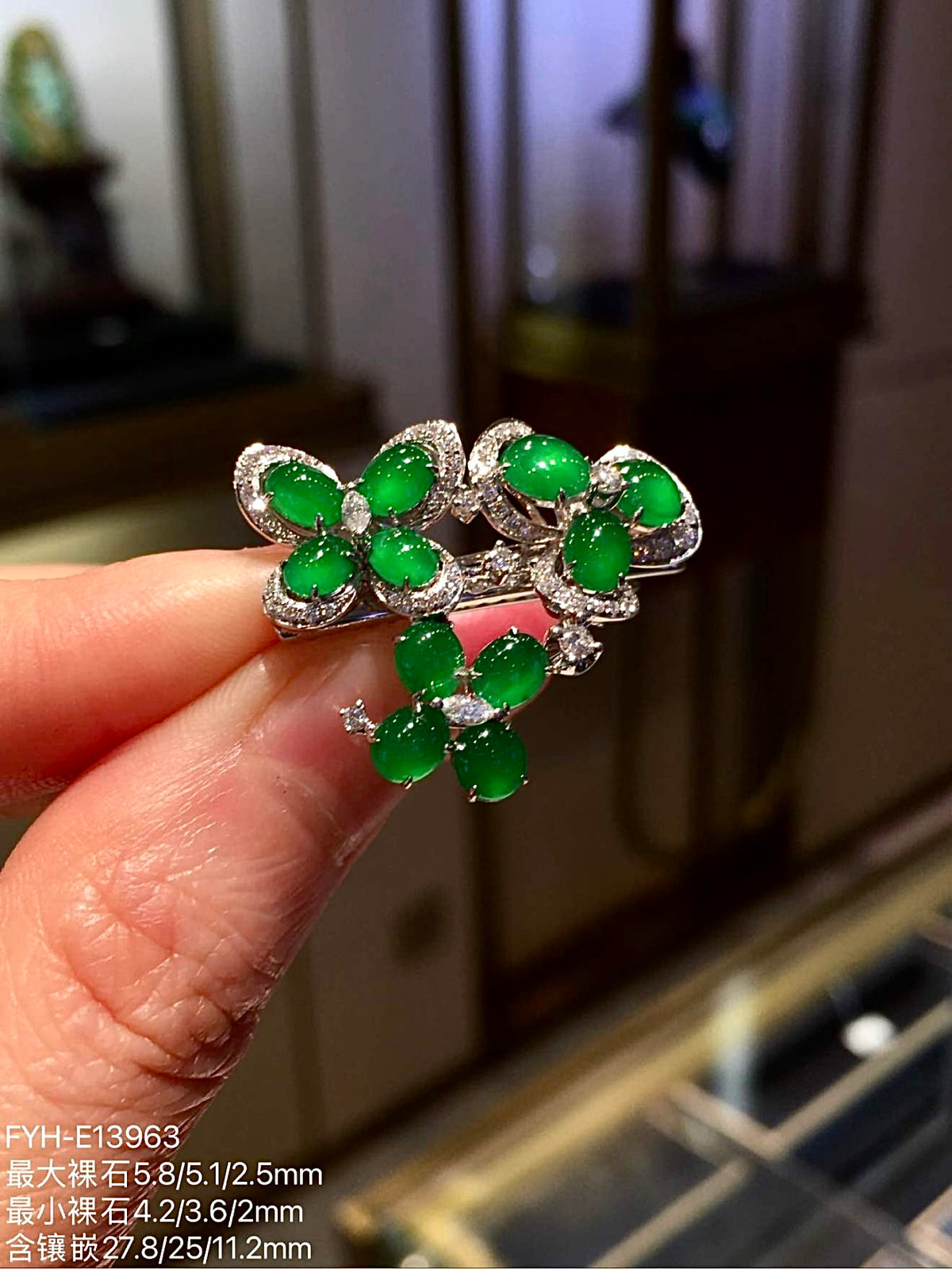 Vivid Green Glass Jadeite Floral Hair Clip with 18K Gold and Diamonds