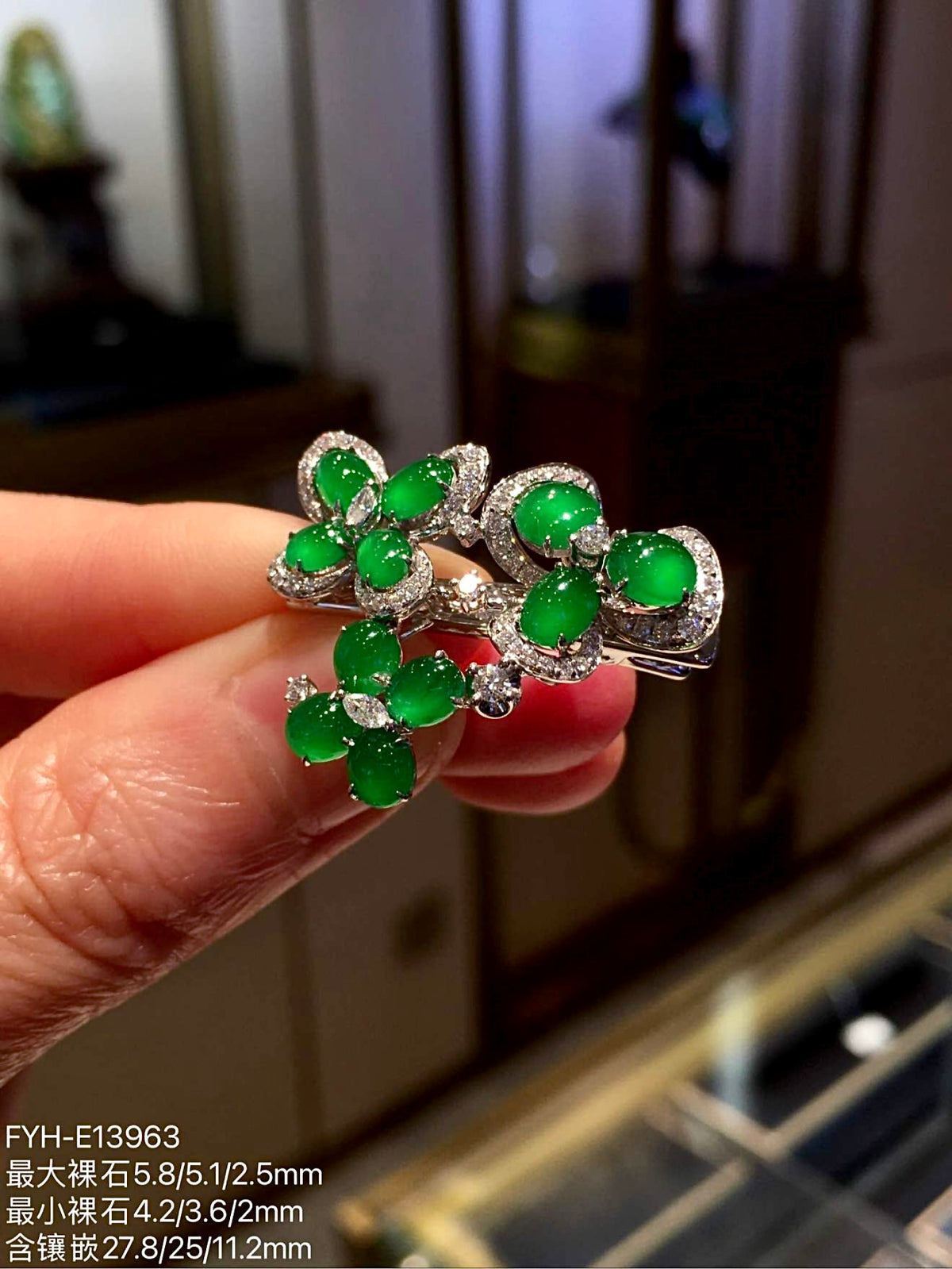 Vivid Green Glass Jadeite Floral Hair Clip with 18K Gold and Diamonds