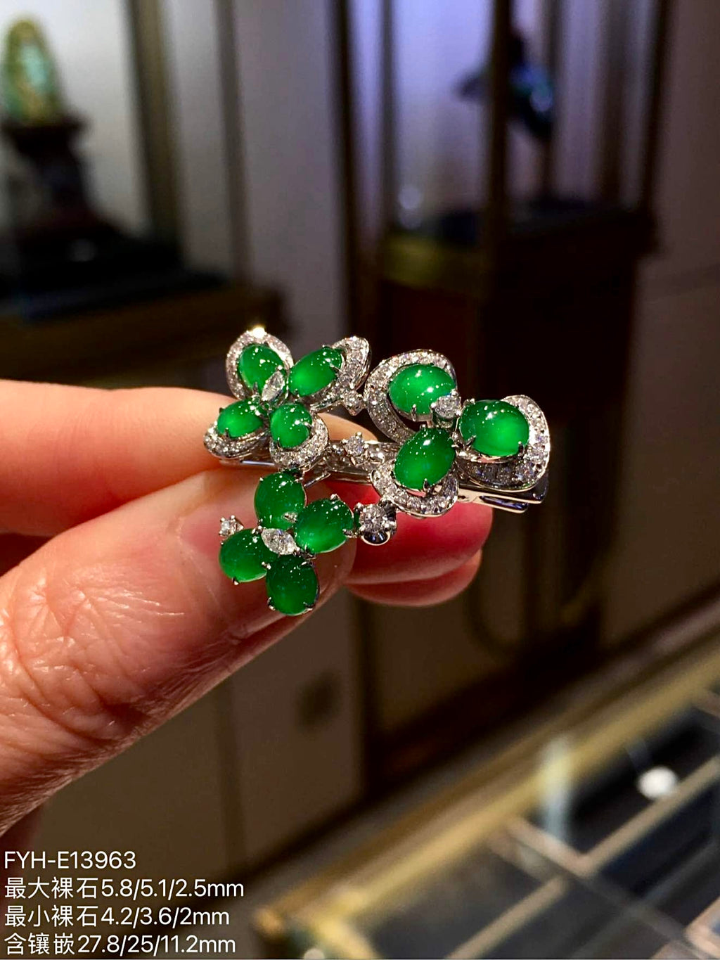 Vivid Green Glass Jadeite Floral Hair Clip with 18K Gold and Diamonds