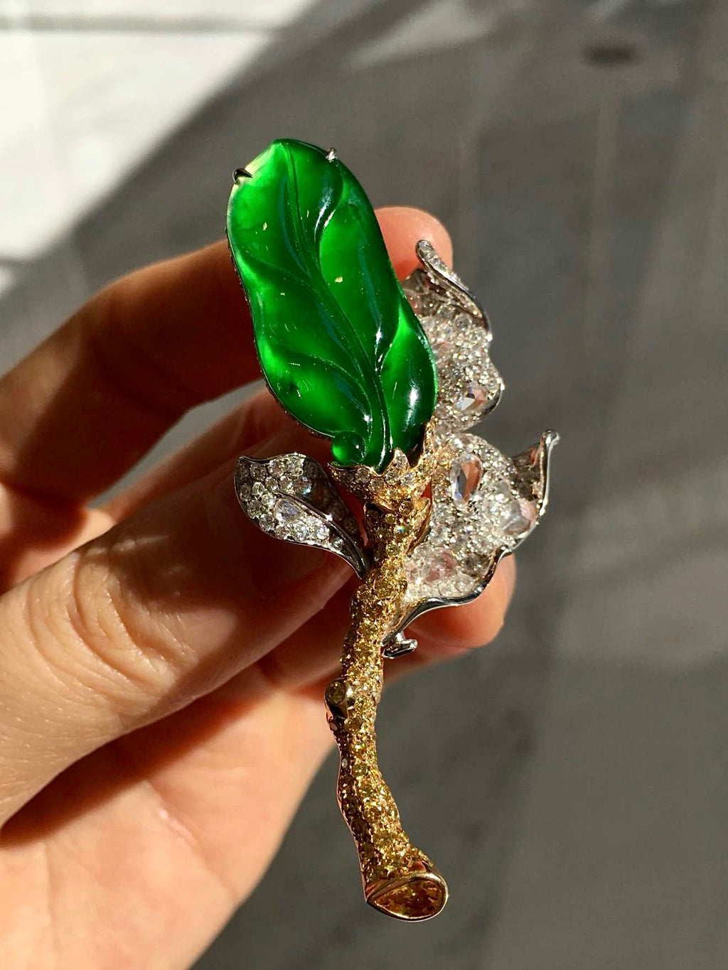 Imperial Green Glass Jadeite Leaf Brooch with 18K Gold and Diamonds