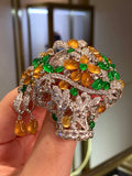 Vivid Green and Yellow Glass Jadeite Flower Basket Brooch with 18K Gold and Diamonds