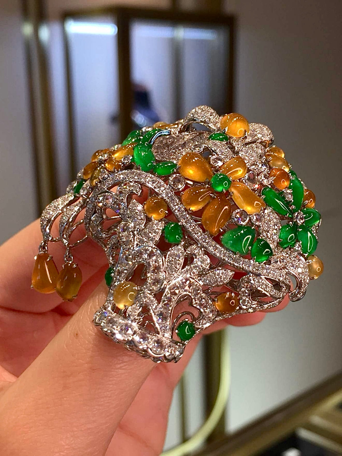 Vivid Green and Yellow Glass Jadeite Flower Basket Brooch with 18K Gold and Diamonds