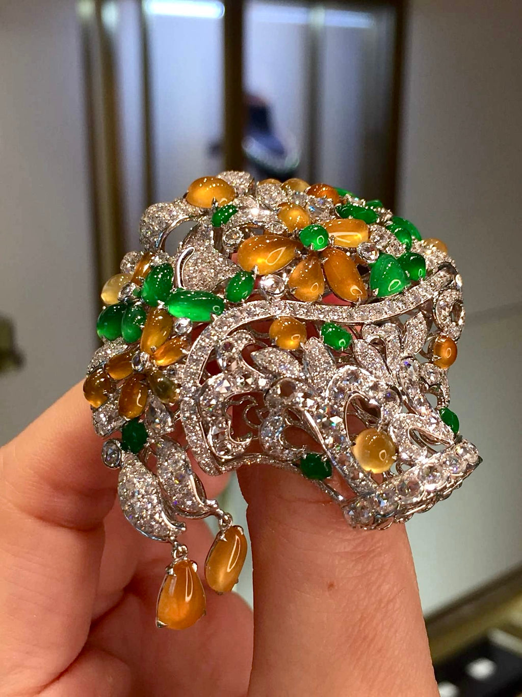 Vivid Green and Yellow Glass Jadeite Flower Basket Brooch with 18K Gold and Diamonds