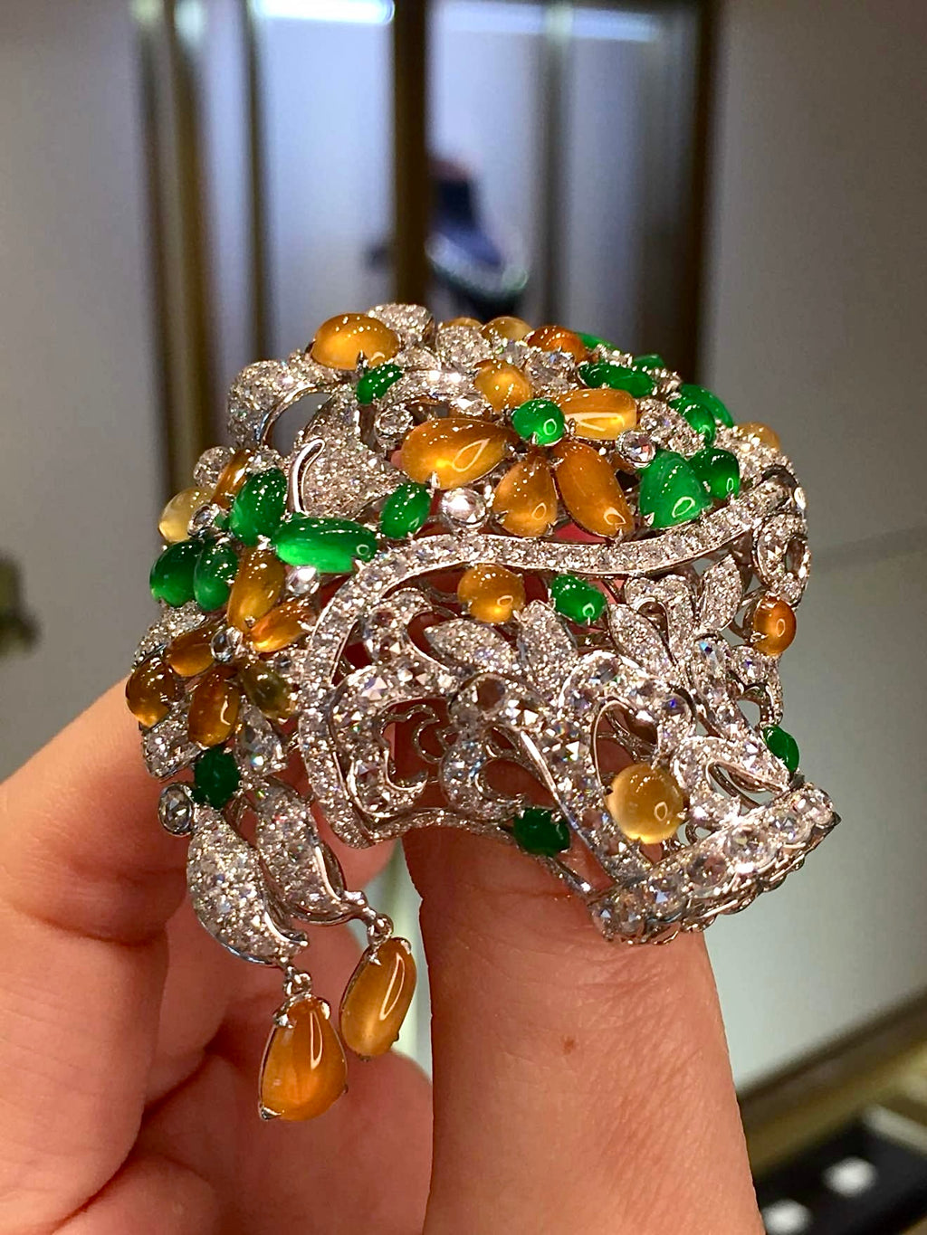 Vivid Green and Yellow Glass Jadeite Flower Basket Brooch with 18K Gold and Diamonds