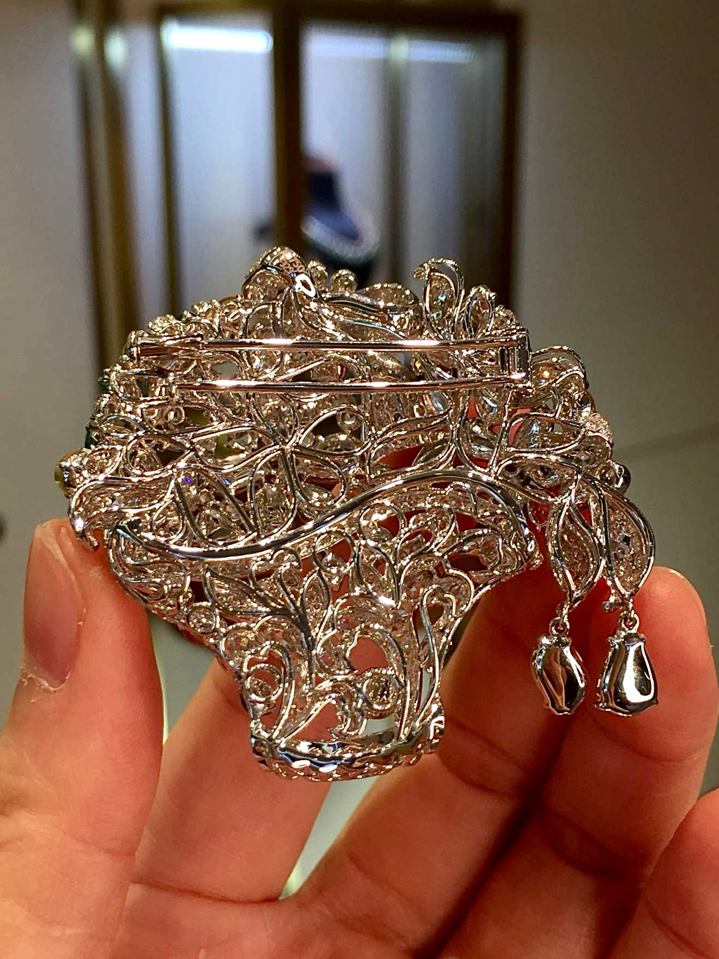 Vivid Green and Yellow Glass Jadeite Flower Basket Brooch with 18K Gold and Diamonds