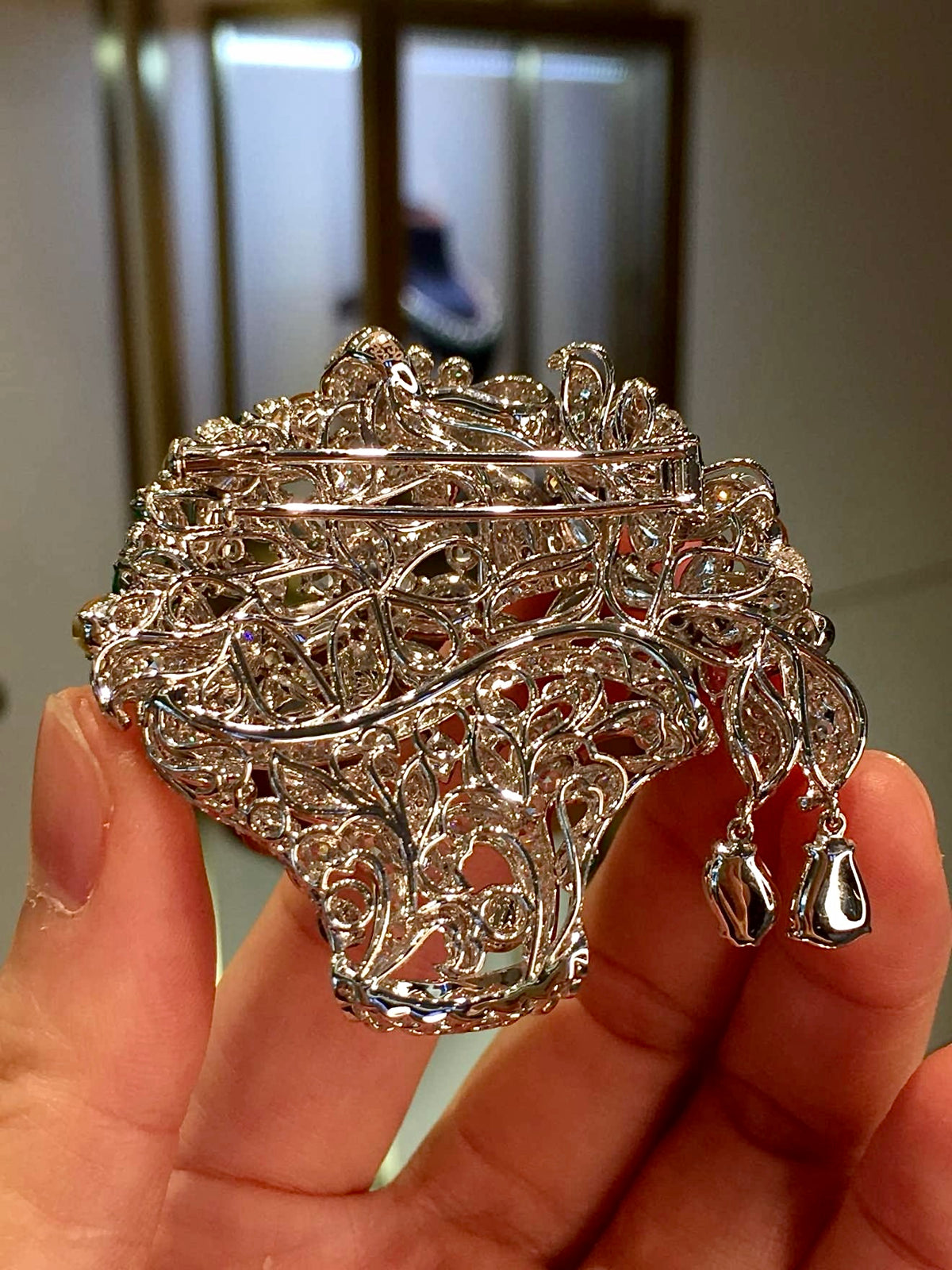 Vivid Green and Yellow Glass Jadeite Flower Basket Brooch with 18K Gold and Diamonds