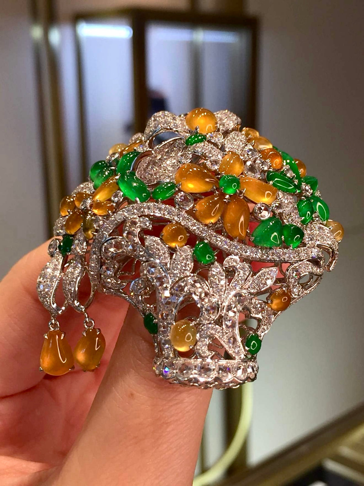 Vivid Green and Yellow Glass Jadeite Flower Basket Brooch with 18K Gold and Diamonds