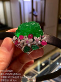 Vivid Green Glass Jadeite Lotus Brooch with 18K Gold, Diamonds and Tourmaline