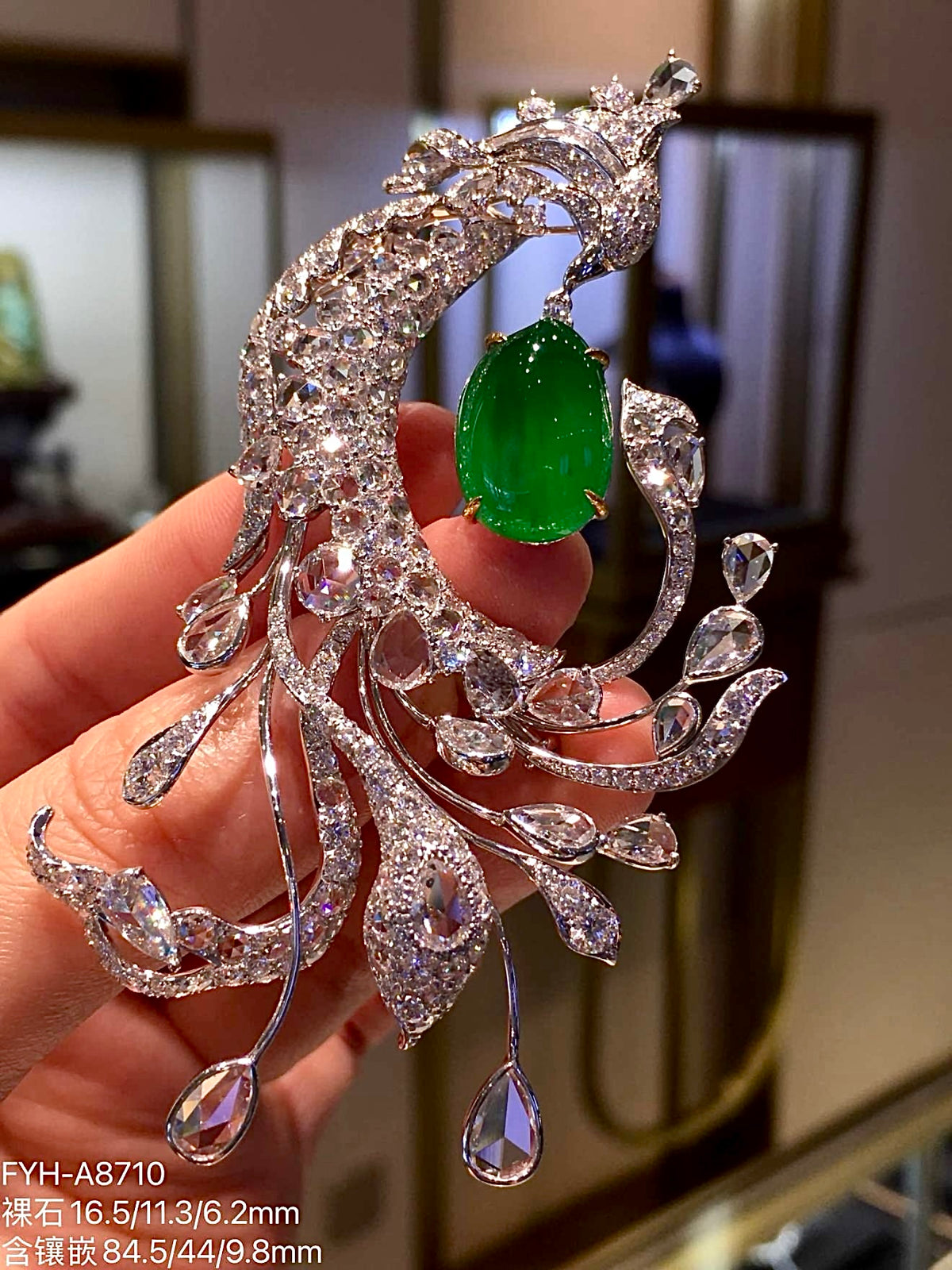 High Icy Intense Green Jadeite Phoenix Brooch with 18K Gold and Diamonds