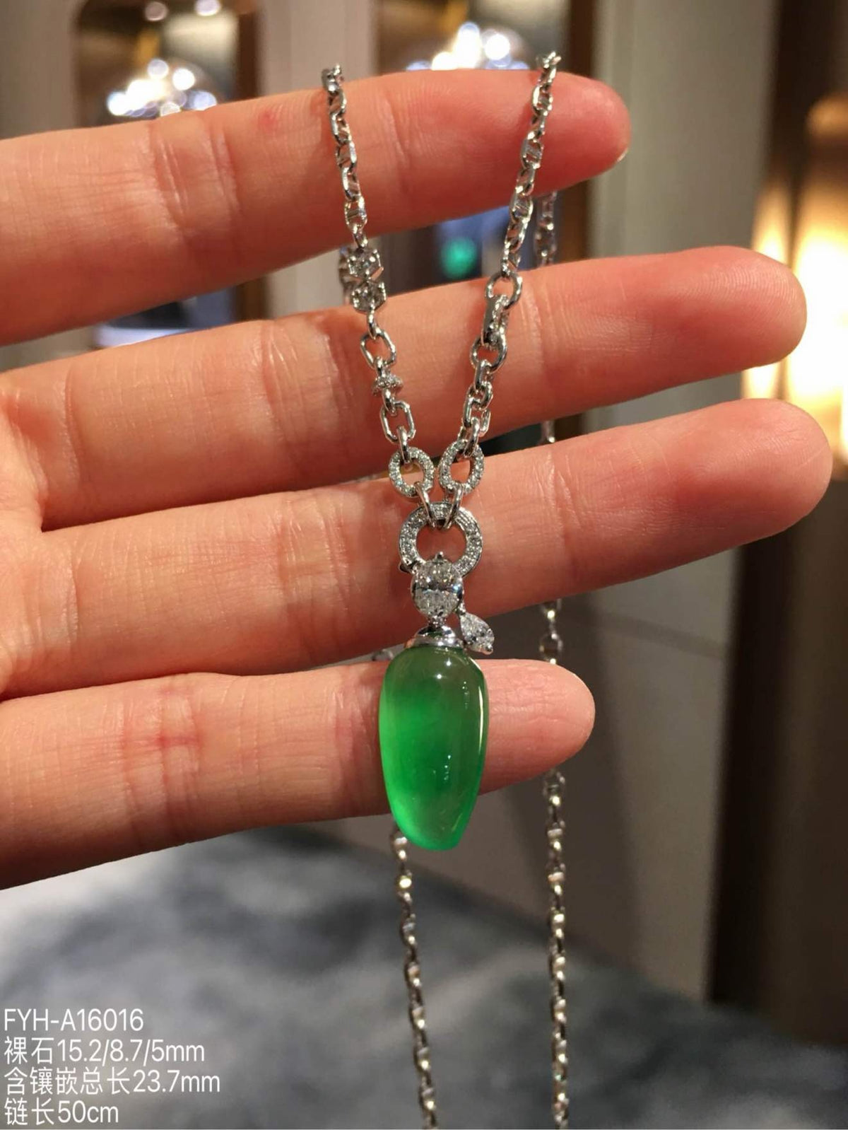 Glassy Muna Vivid Green Jadeite Fu Gua Necklace with 18K Gold and Diamonds