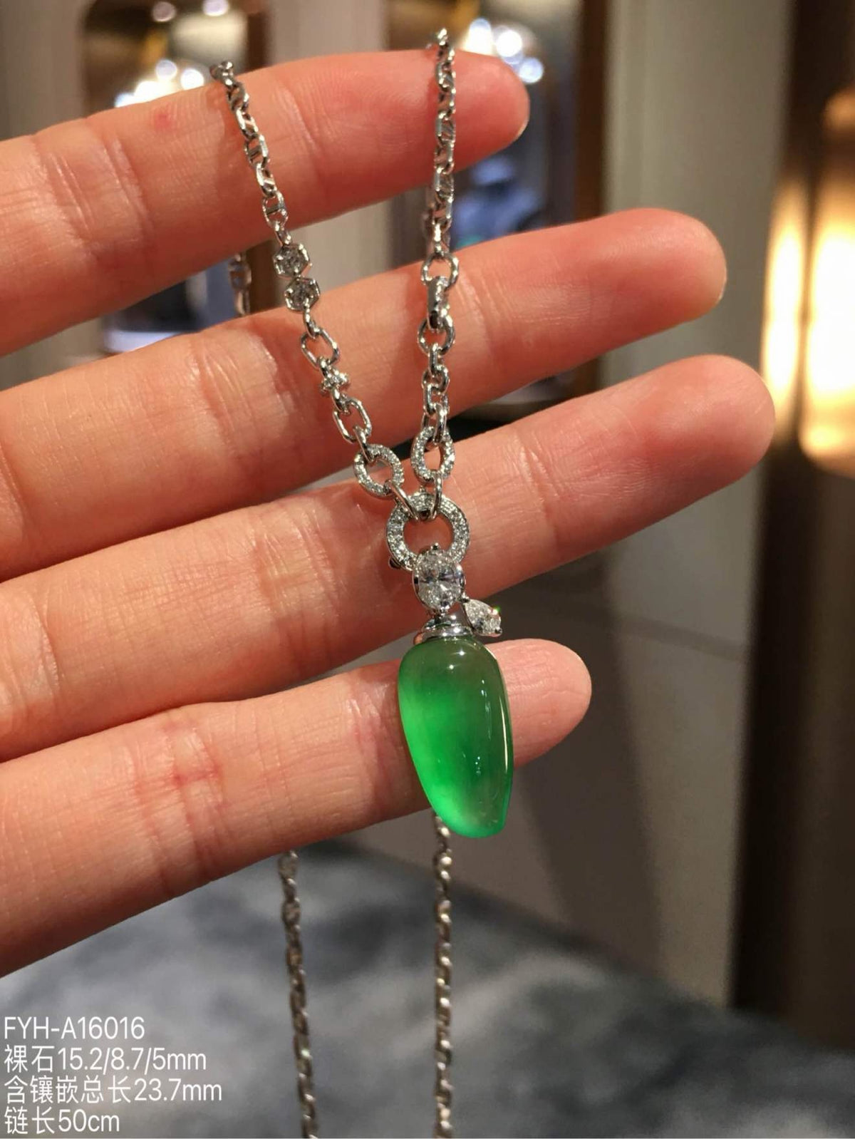 Glassy Muna Vivid Green Jadeite Fu Gua Necklace with 18K Gold and Diamonds