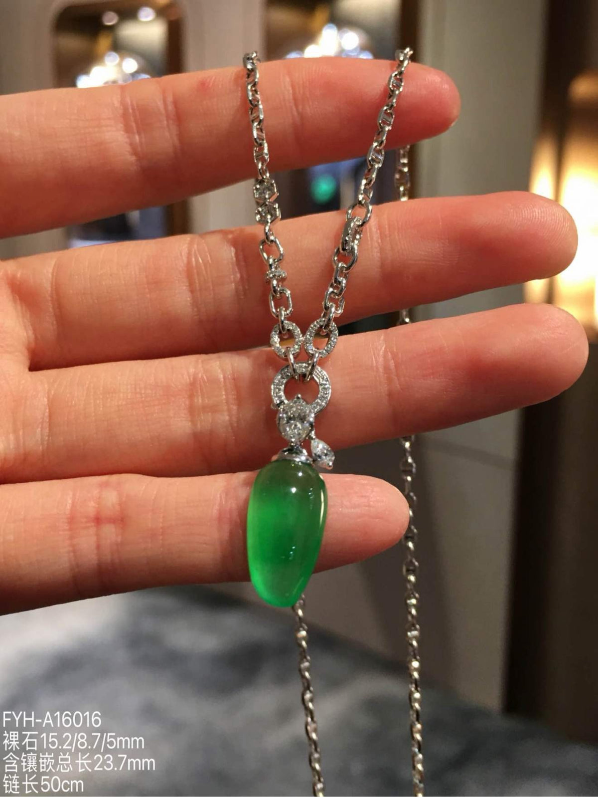 Glassy Muna Vivid Green Jadeite Fu Gua Necklace with 18K Gold and Diamonds
