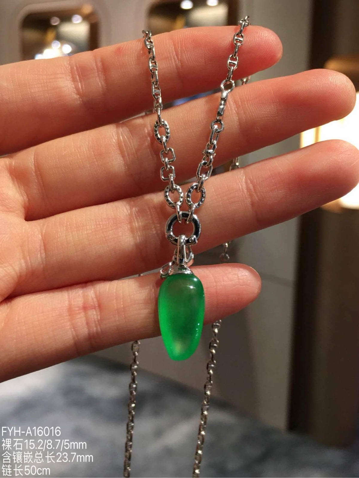 Glassy Muna Vivid Green Jadeite Fu Gua Necklace with 18K Gold and Diamonds
