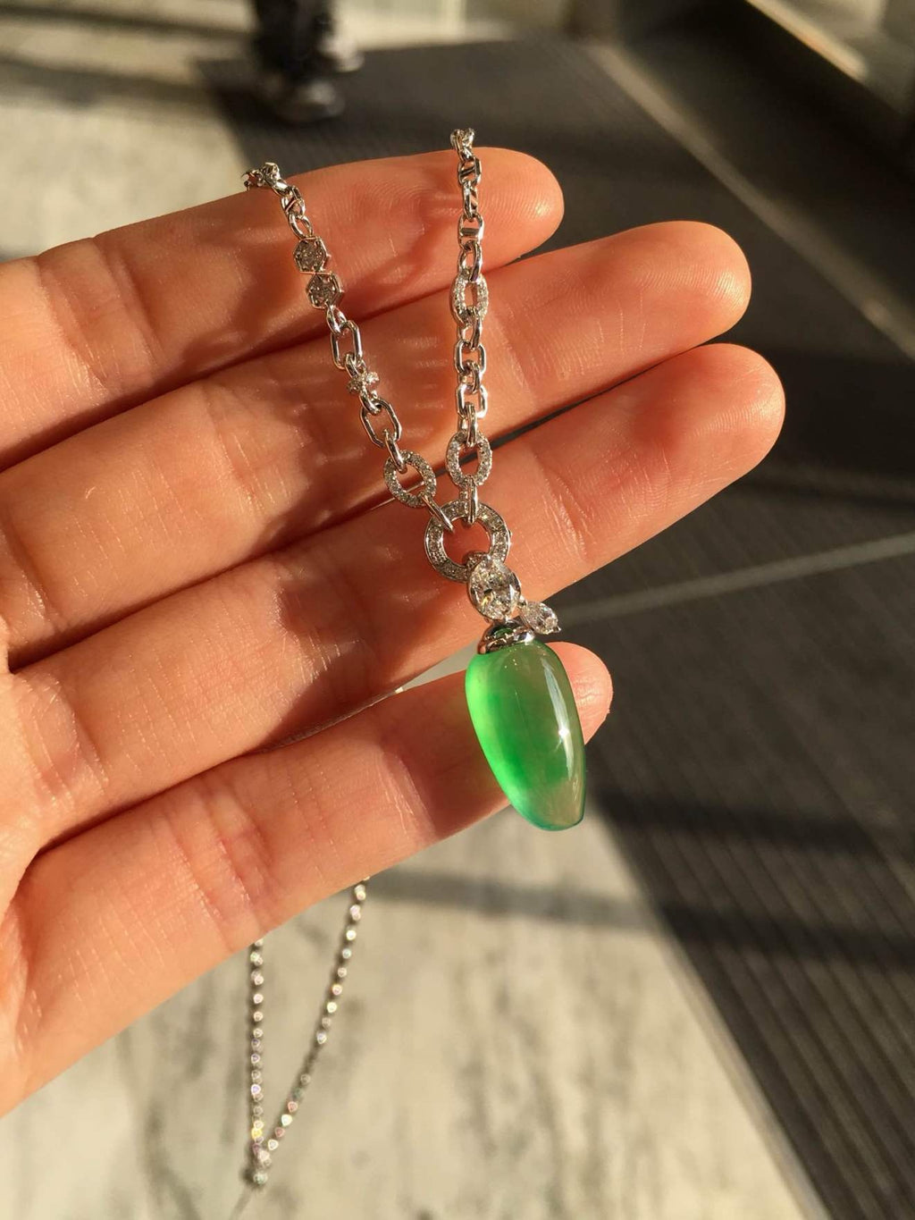 Glassy Muna Vivid Green Jadeite Fu Gua Necklace with 18K Gold and Diamonds