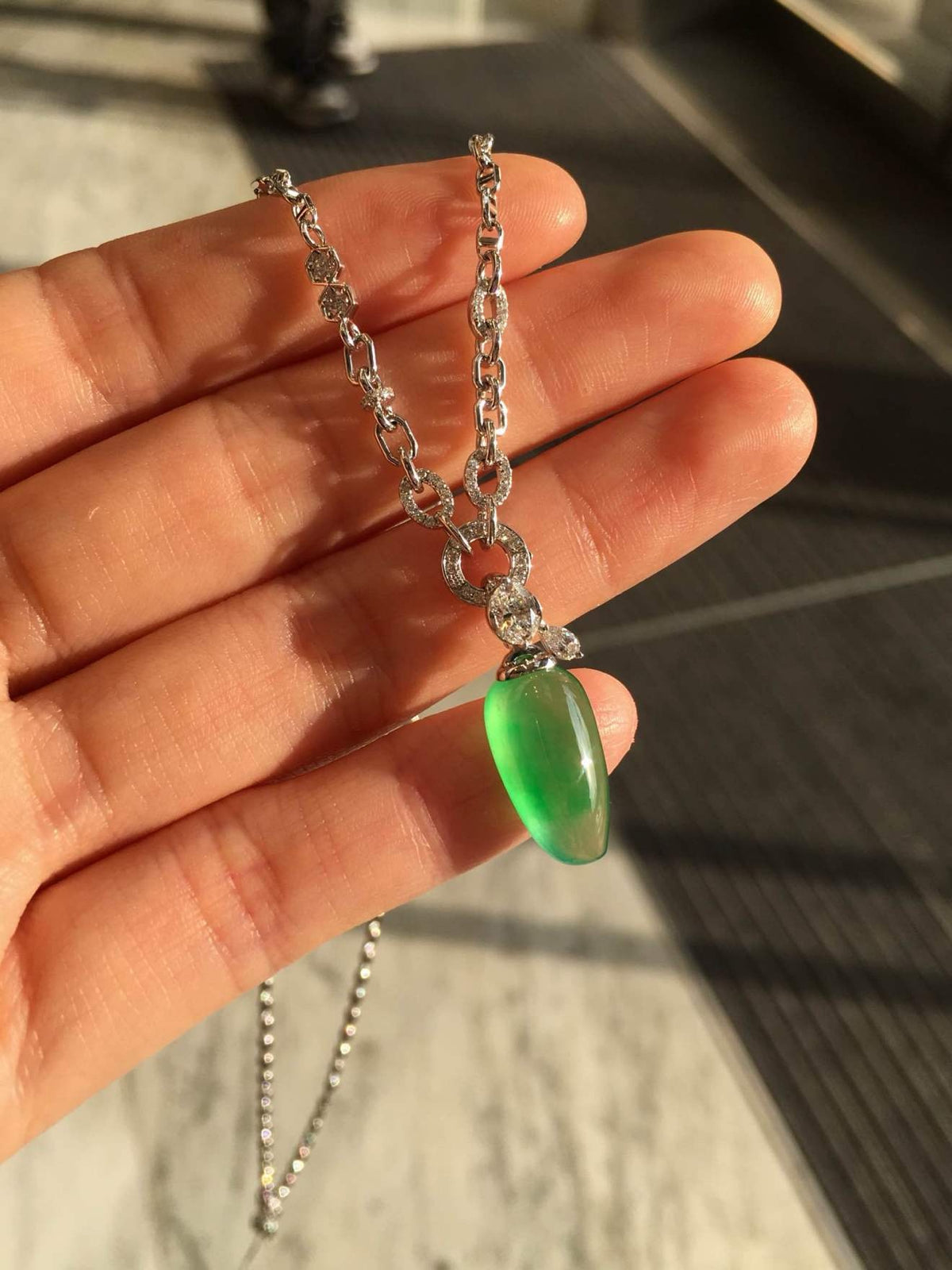 Glassy Muna Vivid Green Jadeite Fu Gua Necklace with 18K Gold and Diamonds