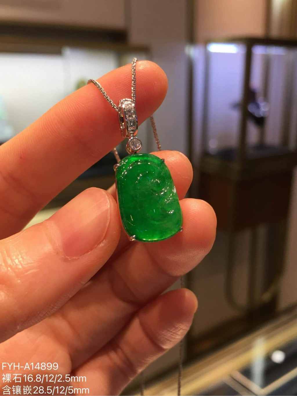 Glassy Vivid Green Jadeite Ruyi Pendant with 18K Gold and Diamonds