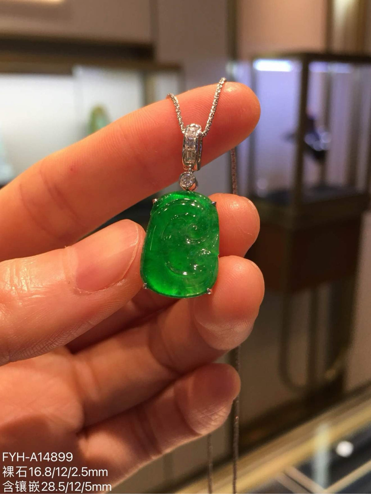 Glassy Vivid Green Jadeite Ruyi Pendant with 18K Gold and Diamonds
