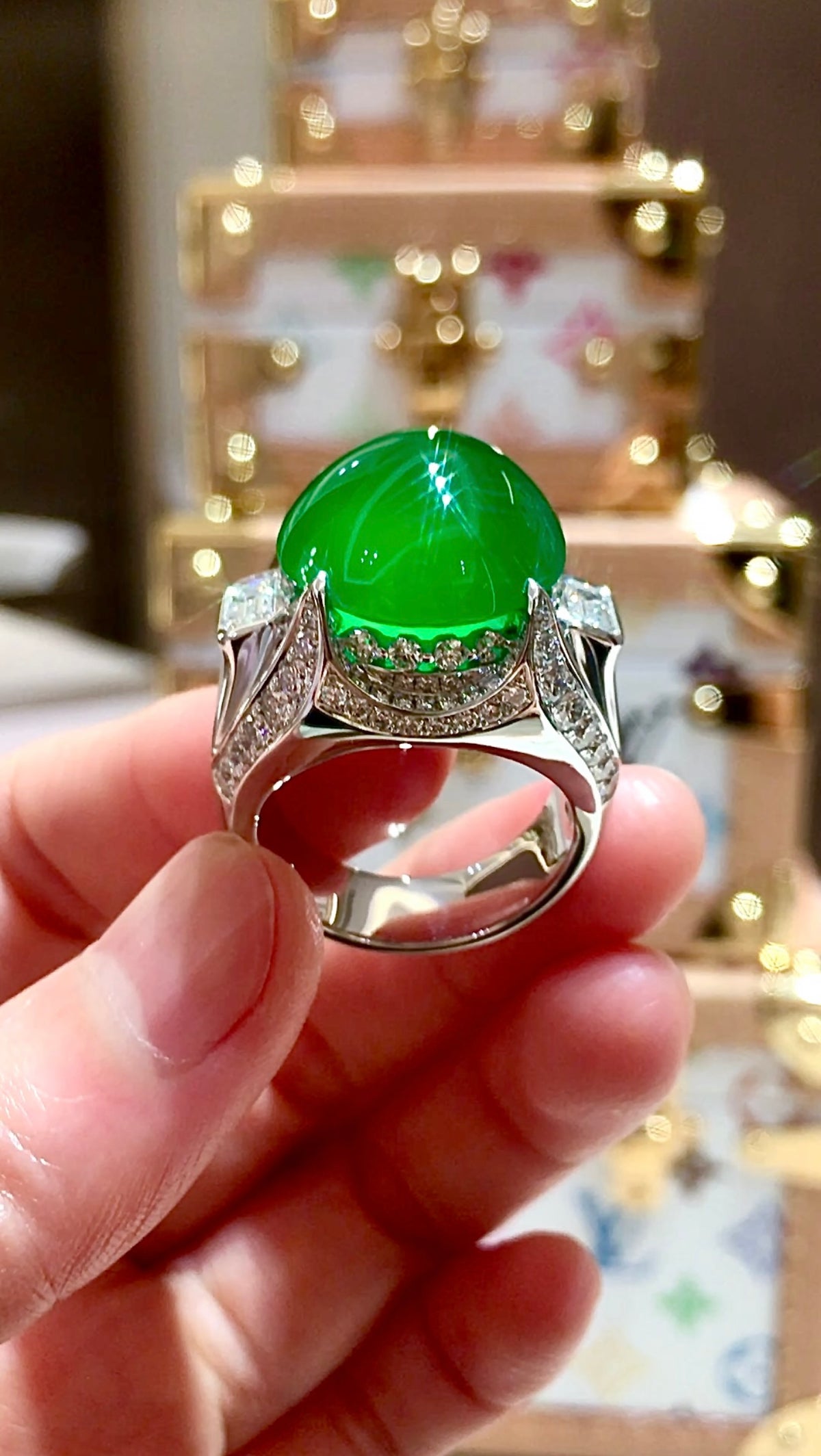 Natural glass-type jadeite cabochon ring in 18K gold and diamonds by Feiyuehui Jewelry