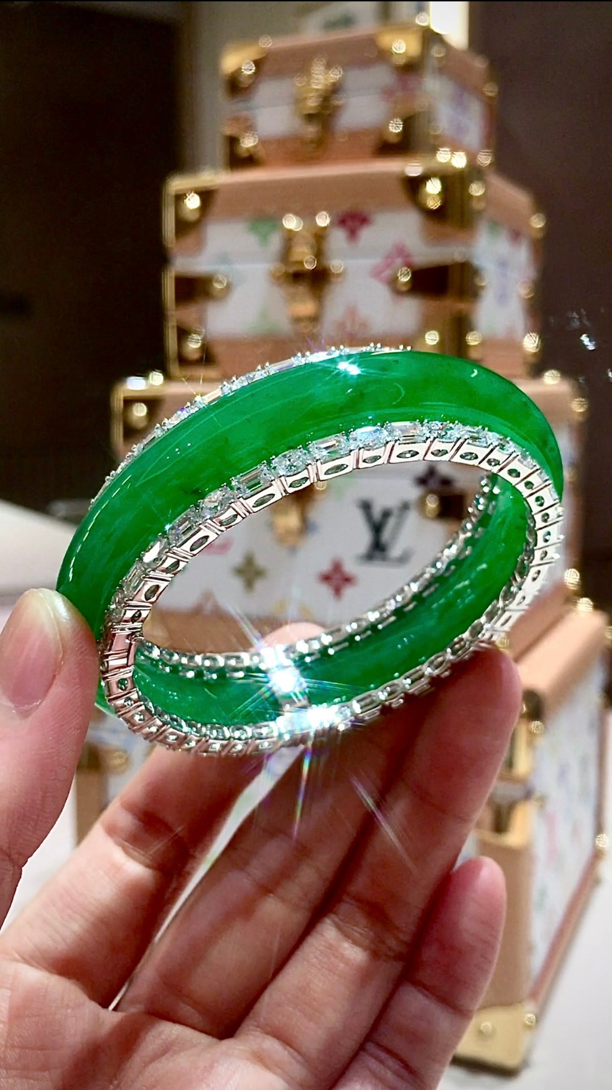 Natural icy full-green jadeite bangle with 18K gold and diamond accents by Feiyuehui Jewelry