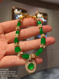 Glassy and Icy Vivid Green Jadeite Bracelet with 18K Gold and Diamonds
